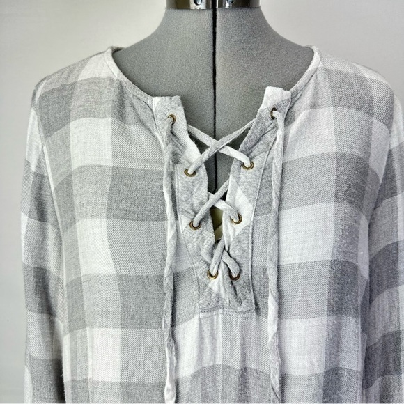 Bella Dahl Women’s Flannel Lace Up Neck Long Sleeve Tunic Heather Gray Tartan M - Picture 2 of 8